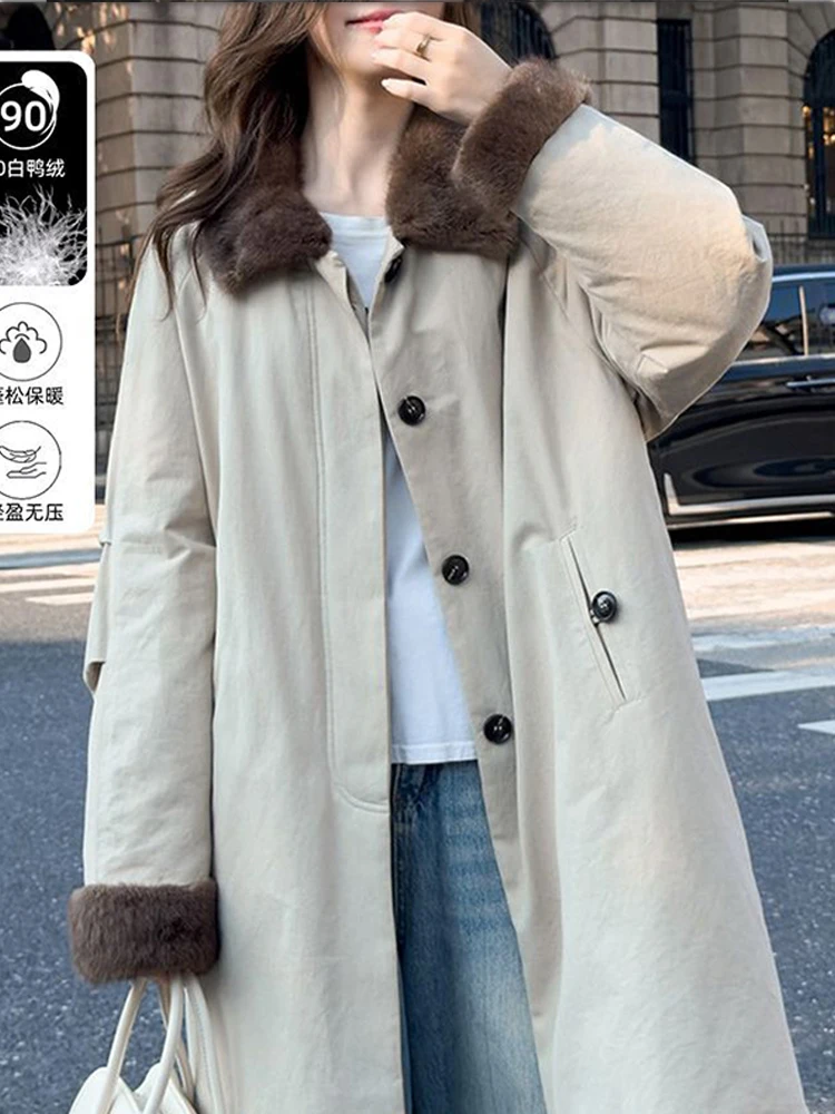 الشتاء منتصف طول الفراء طوق أسفل معطف المرأة تنوعا الدافئة الفاخرة فضفاضة تناسب المألوف مبطن خندق سترة سترة