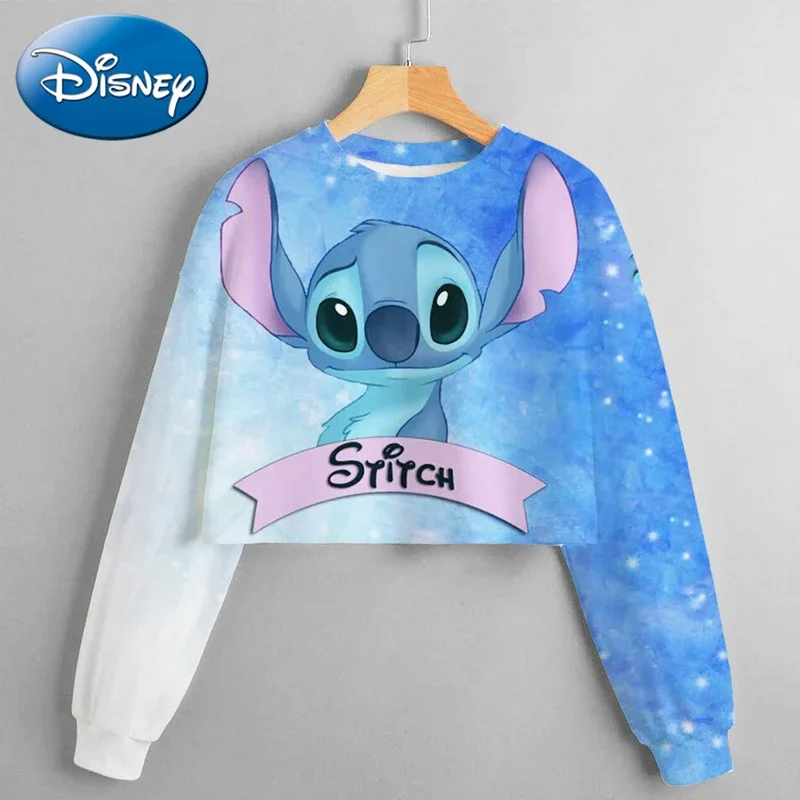 2024 New Disney Spring and Autumn Girls\' Short Sweatshirt Stitch Print Pullover Casual Cartoon Girls\' Dress Top