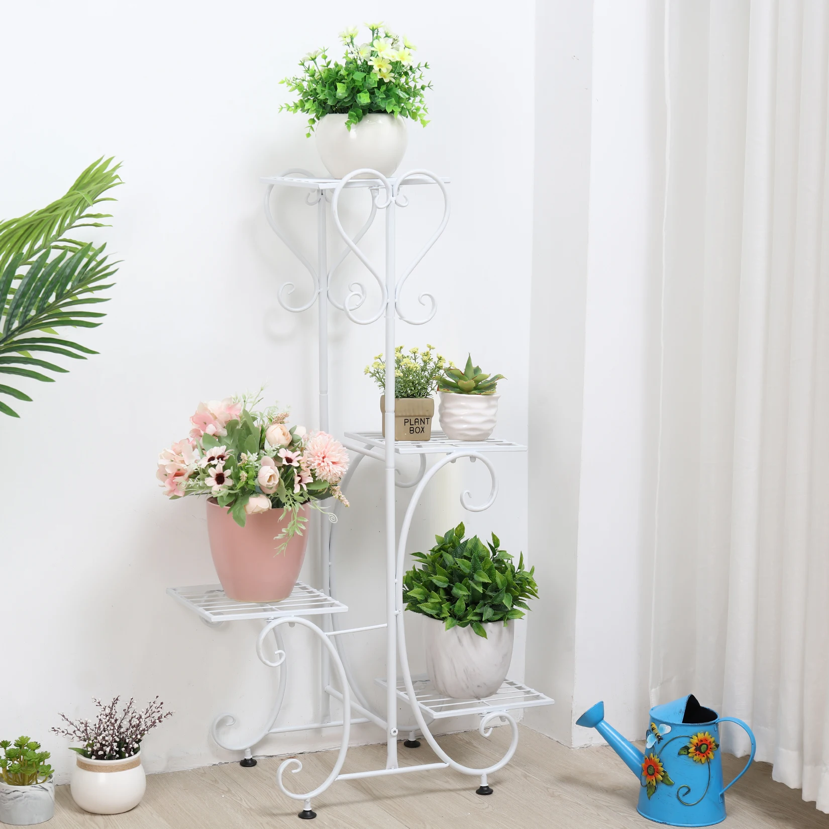 4 Pots Wrought Iron Rustproof Plant Stand Shelf Elegant Art Flower Pots Holder Display Rack for Balcony Backyard