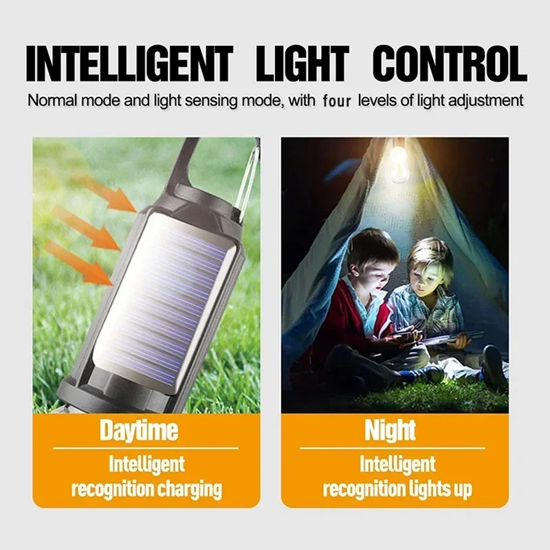 Solar USB Rechargeable Camping Light Portable Waterproof LED Flashlight Outdoor Fishing Lights Emergency Lamp for Fishing Hiking