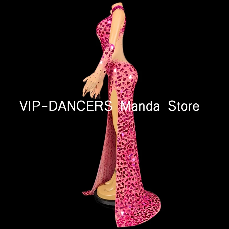 Pink Party Dresses For Women Luxury Elegant Floor-Length Dress Dancehall Queen Outfit Glitter Nightclub Gogo Dancer Wear VDL409