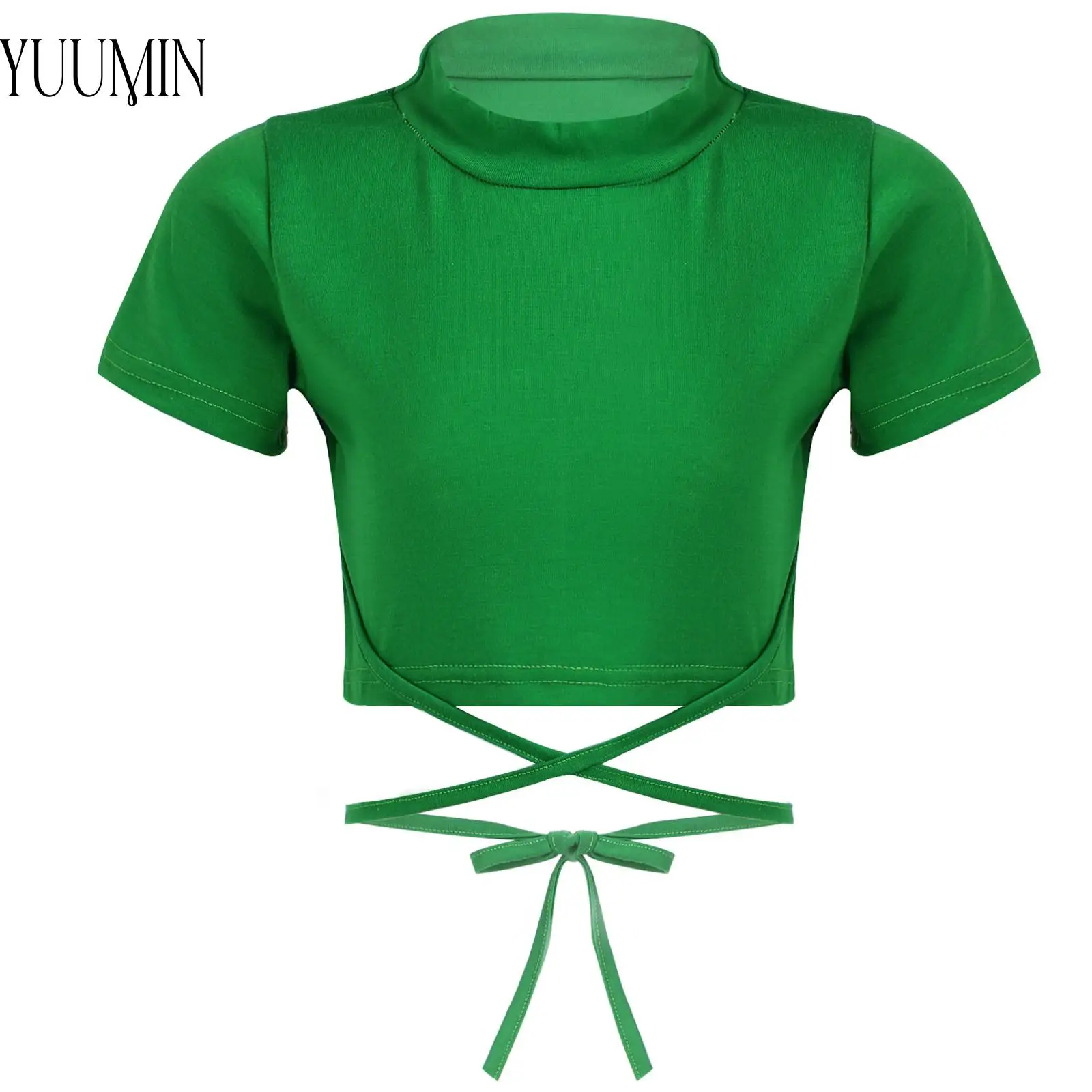 

Kids Girls Boys Cotton Short Sleeve Sash Tie Cross Waist Jazz Modern Dance Hip Hop Performance Costume Sport Crop Top Daily Wear