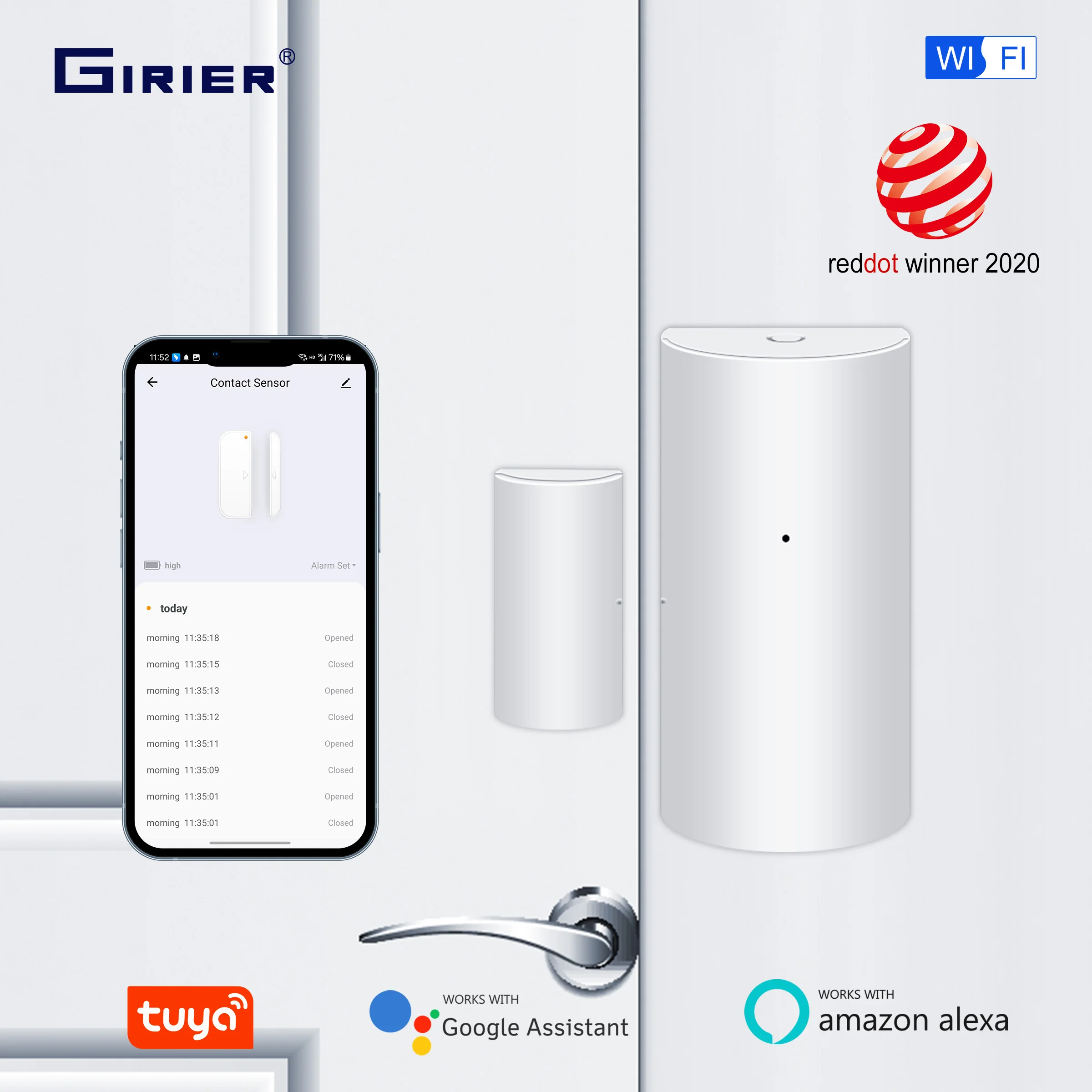 

GIRIER Tuya WiFi Smart Door and Window Sensor Wireless Contact Detector for Home Automation and Security System Works with Alexa