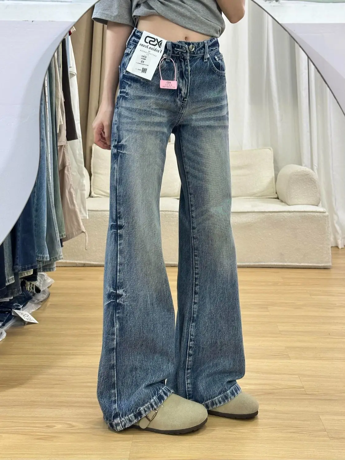 أنيقة الأمريكية عالية الخصر متوهج الجينز النساء الشتاء خمر غسلها فضفاضة تناسب مستقيم الساق السراويل التخسيس مريحة الدنيم