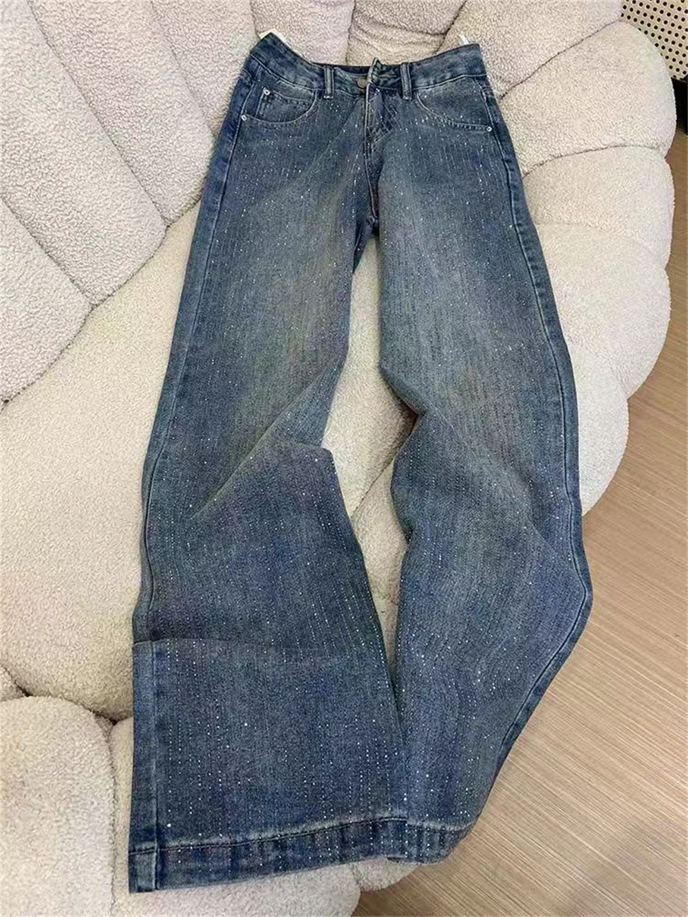 Wide Leg Jeans Diamonds Straight Mom Pants Stretch High Waist Washed Y2k Streetwear Trousers Women Vintage Denims Streetwear