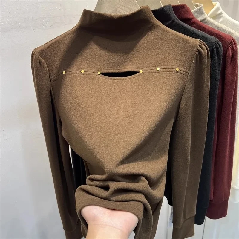 

Design Sensation Women's Long Sve T-irt Velvet Hollow out High Collar Autumn Winter New Sle Base irt Top Ladies