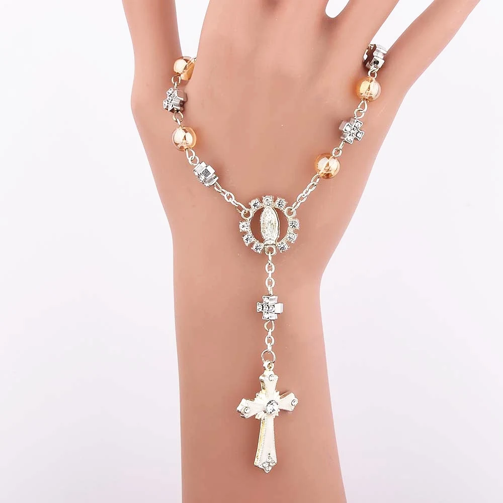 

Fashion New Catholic Rosary Bracelet Golden Imitation Pearl Christ Cross Jesus the Virgin Mary Chain Pandent Bracelet for Girls