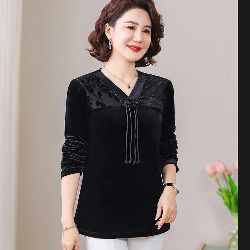 Women Vintage V-Neck Shirt Commuter Spring Autumn All-match Fashion Long Sleeve Solid Color t-shirt  for Female