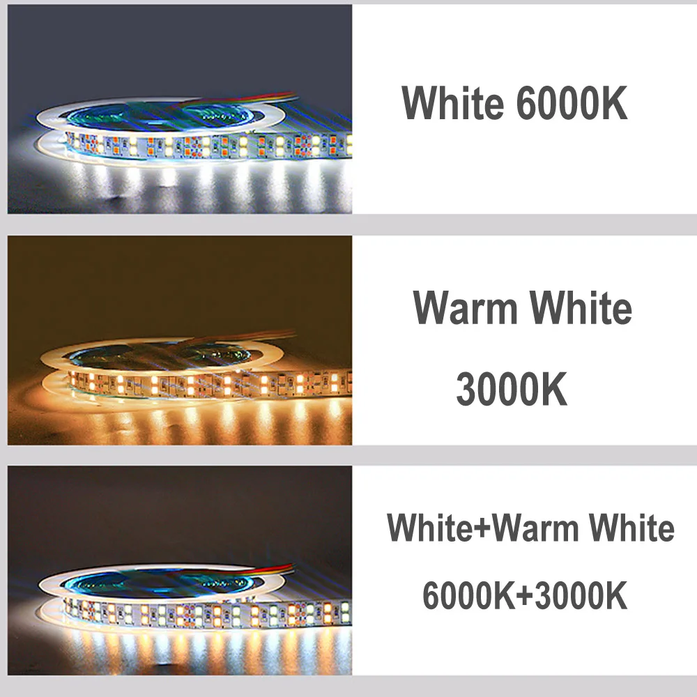 5M 2835 CCT LED Strip Double Row 240LEDs/m 336LEDs/m Dimmable Dual White Flexible Tape Ribbon 12V 24v DC WW CW