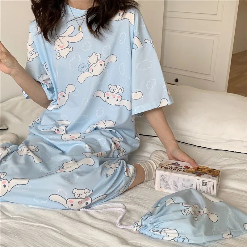 New Summer Sanrio Big Eared Dog Cartoon Series Pattern Girl Short Sleeve Dress Kulomie Snoopy KID/Adult Cute Loose Casual Dress