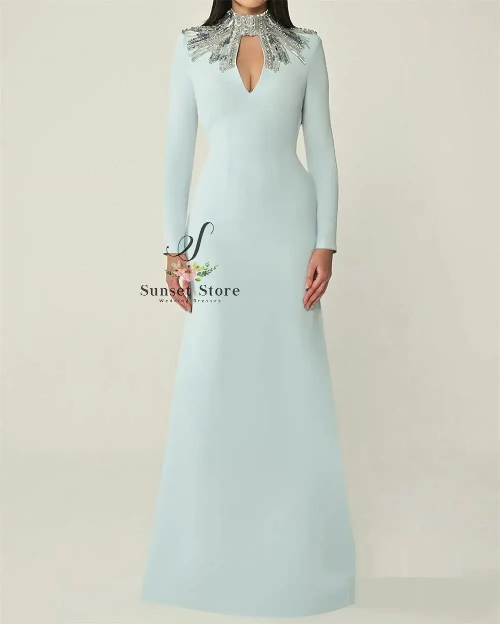 

Роскошное вечернее платье из синего джерси по индивидуальному заказу с высоким воротником и длинными рукавами, платья знаменитостей, платья для особых случаев на заказ, Crystal De