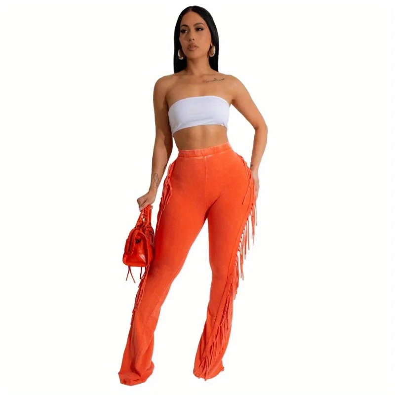 2025 신상 유럽 및 미국 캐주얼 여성 코튼 워싱 올드 태슬 스트레치 타이트 마이크로 플레어 팬츠 (의상 액세서리)