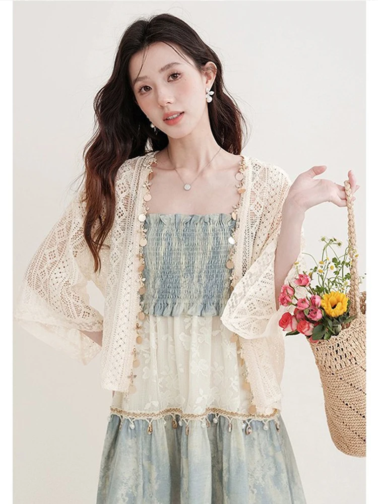 

Lightweight Lace Sun Protection Cardigan Women's Summer Shawl Strap Knitted Ice Silk Top Long Sleeve Straight Korean Style