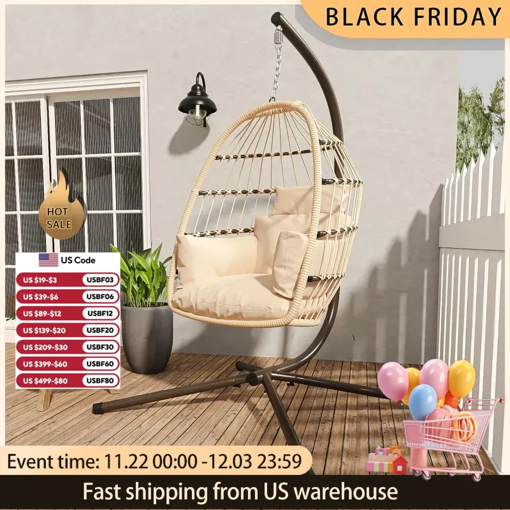 Foldable Hanging Egg Chair with Stand Up to 350lbs,  All-Weather Rattan Egg Chair, Waterproof Cushion, UV Resistant