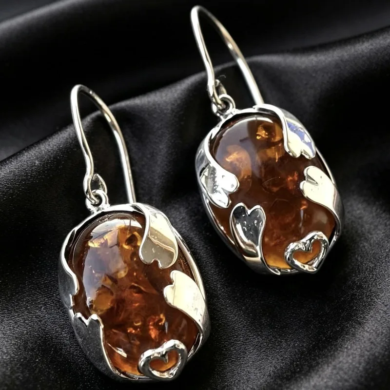 Huajie Heart Design Silver Package Embedded Amber Resin Pendant Earrings for Women Classic Daily Wear Wild Ear Jewelry