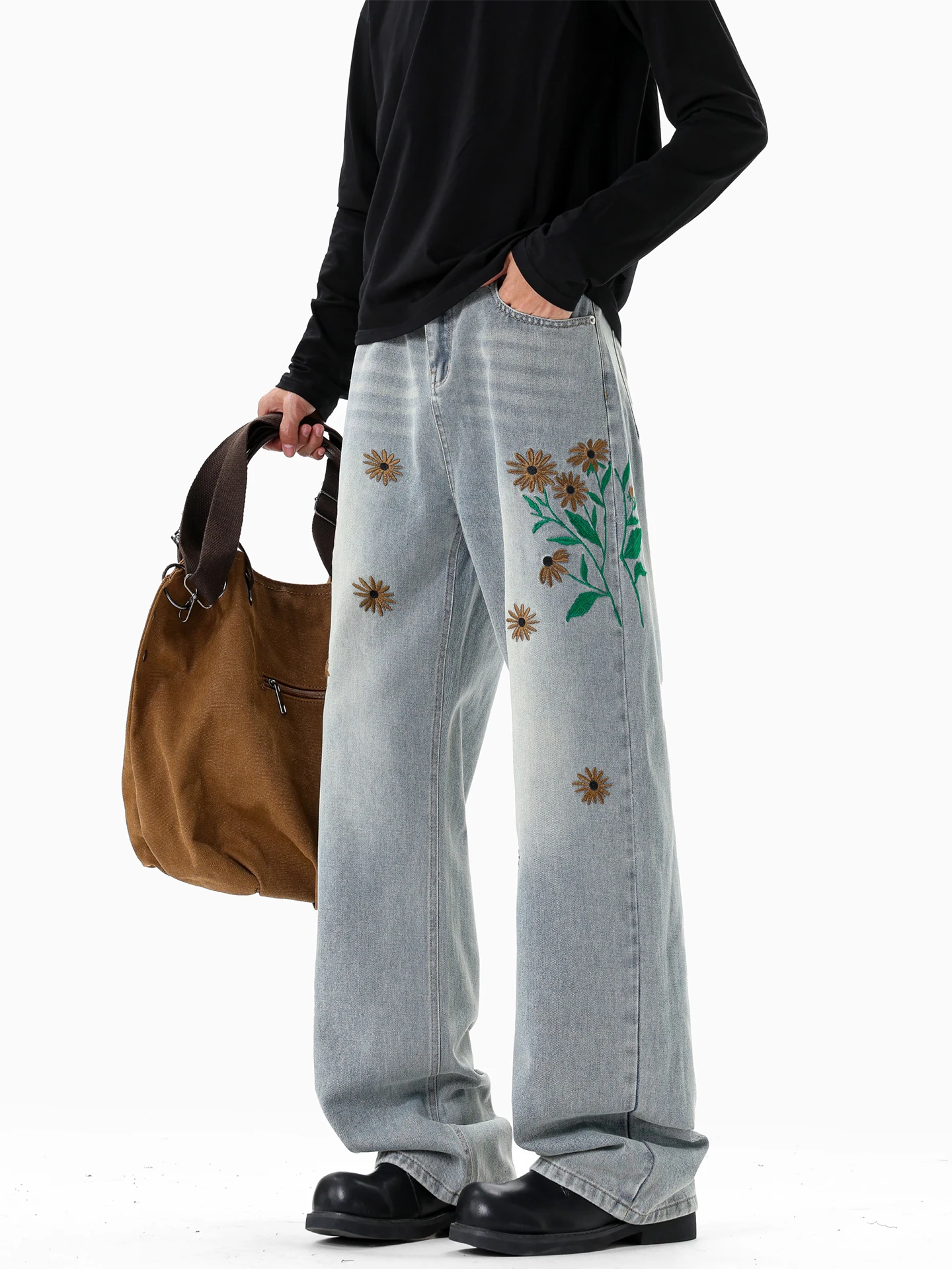 

Cleanfit Embroidered Daisy Straight Leg Jeans Men's Autumn High Street Cool Retro Wa Casual Loose Fit Jeans Teenagers