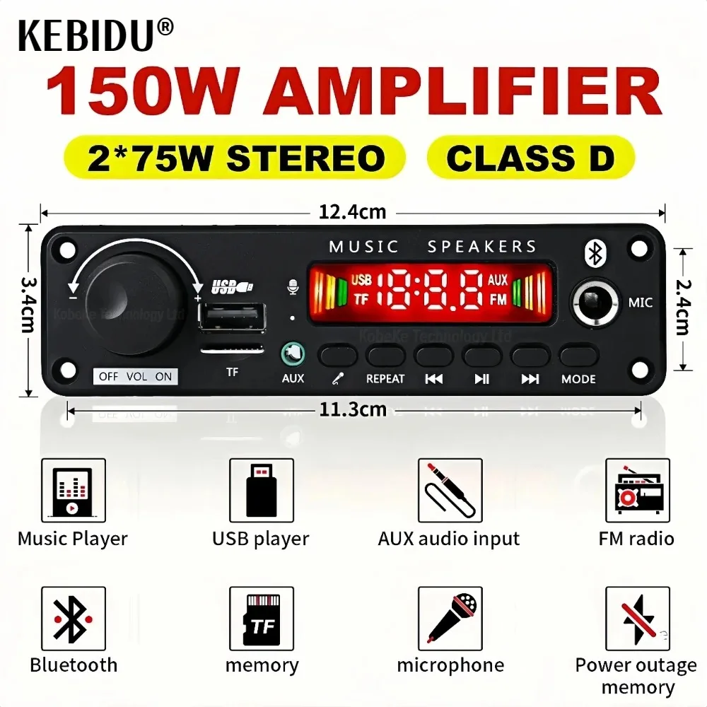 

150 Вт DIY усилитель Bluetooth декодер плата 12 В 6,5 мм микрофон FM-радио TF USB автомобильный аудио музыкальный плеер динамики регулятор громкости