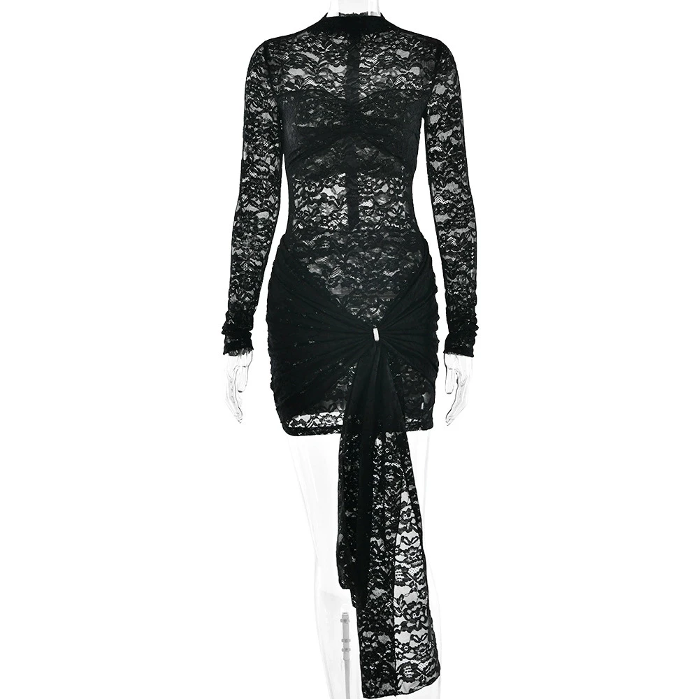 Melphieer Vacation Party sexy slim lace women's dress new long sleeve zipped back luxury celebrity tight pleated dress cover up