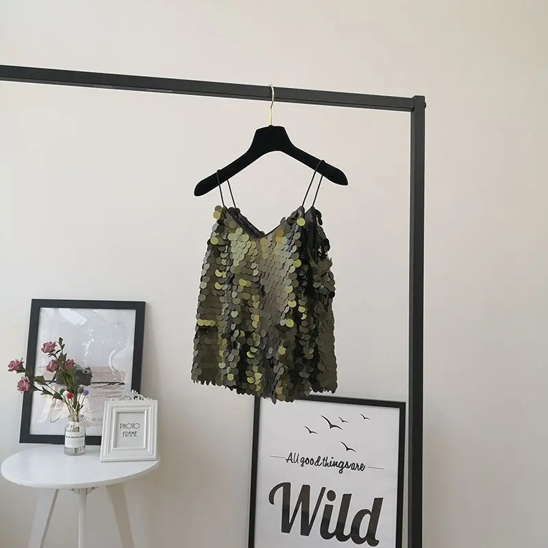 Haut camisole à bretelles à col en V, vêtements de performance sur scène, paillettes scintillantes de Rotterdam, coupe couvertes, rétro américain, sexy, mode estivale, nouveau