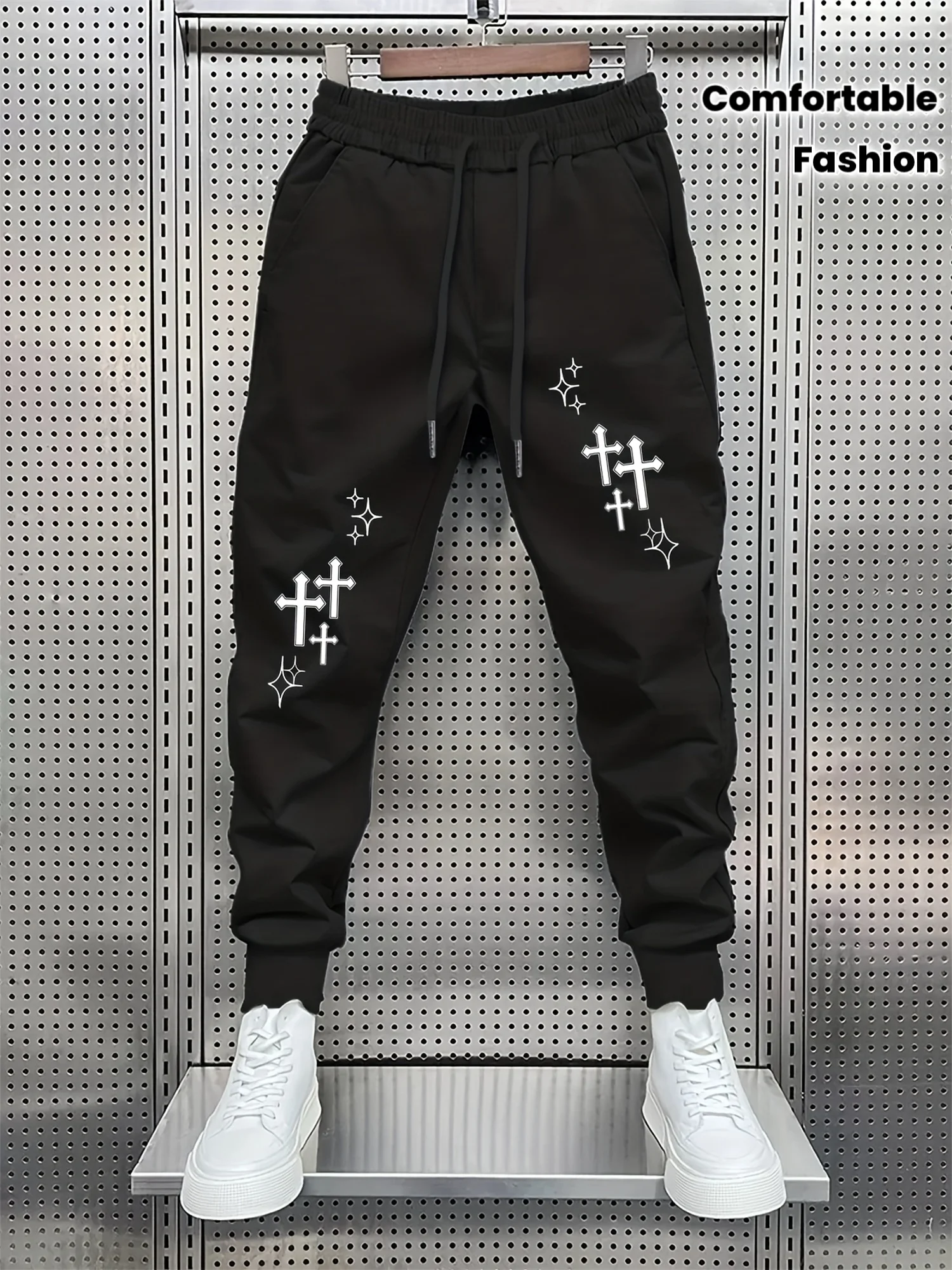 Sparkly street‑wear stacked cross silhouette glitter star side artwork print sweatpants men hip hop sports jogger trousers