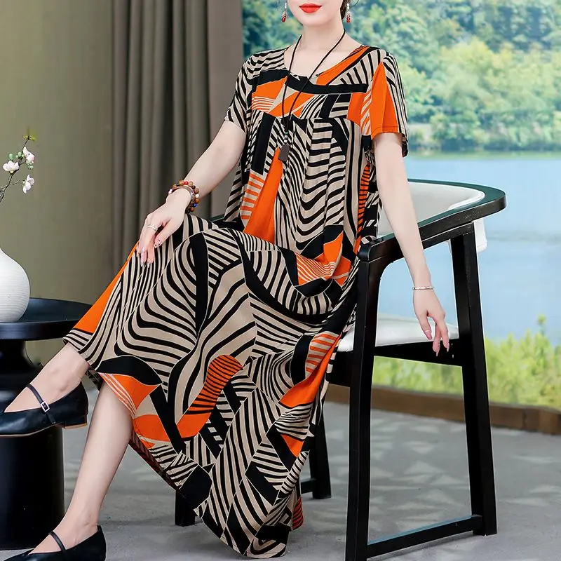 Vintage Print O-hals Korte Mouw Losse Plooien Bloemenjurk Dameskleding 2024 Zomer Nieuwe Oversized Office Lady Midi Jurk