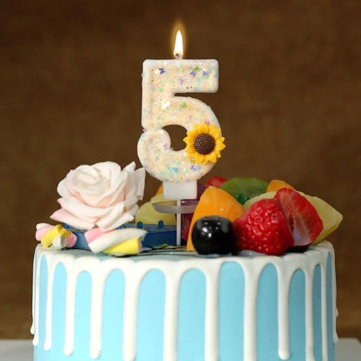 Bougies de gâteau d'anniversaire tournesol de 0 à 9 ans |   Décorations de décoration de gâteau de fête à brûler stable et sans fumée à paillettes scintillantes