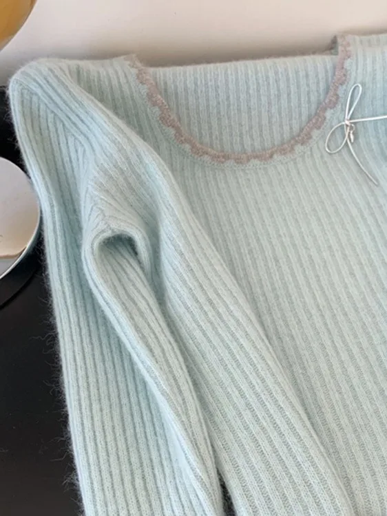 

Korean Sle Sweet Knitted Sweater Women's Faion Knot Design Inner Wear Top Ele irt Autumn Season