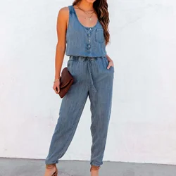 Women Fashion Solid Color Denim Overalls One-piece Jumpsuits Overalls Denim Jeans Bib Trousers Long Pants Dungarees Ropa Mujer