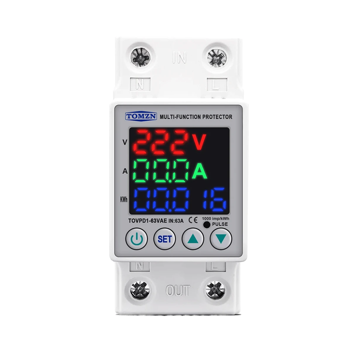 TOMZN 63A 230V Din rail adjustable over under voltage protective device protector relay with current protection energy merter