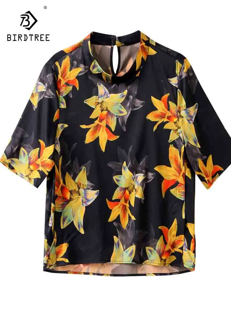 

Birdtree 19MM 90% Silk 10% Spandex Vintage Shirts For Women 2023 Summer Short Sleeve Print Loose Elegant Blouse Tops T39262QC