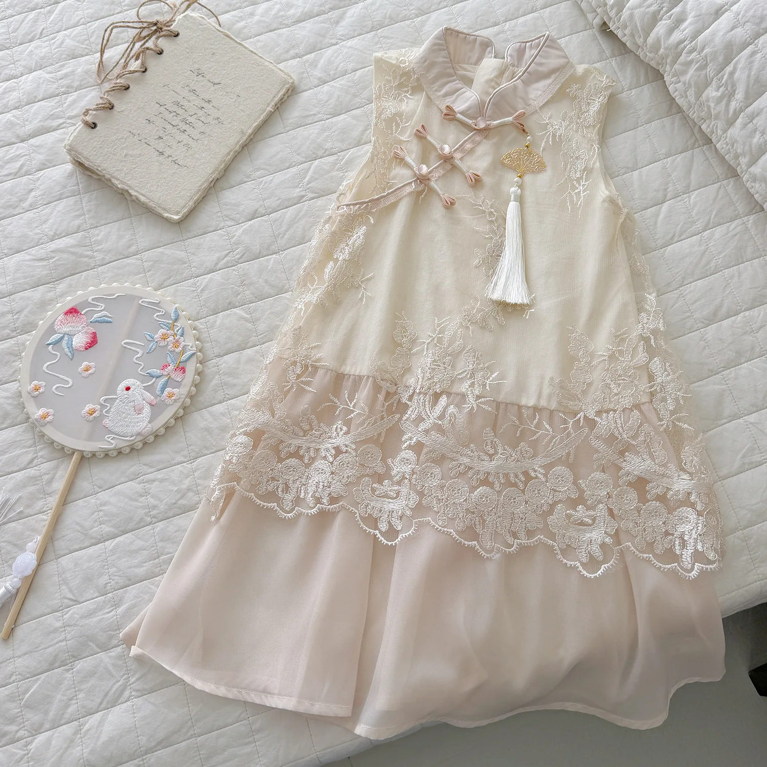 2026 Summer New Girls New Chinese Style Set Lace Embroidery Chinese Style Tassel Children Cheongsam Two Piece Set