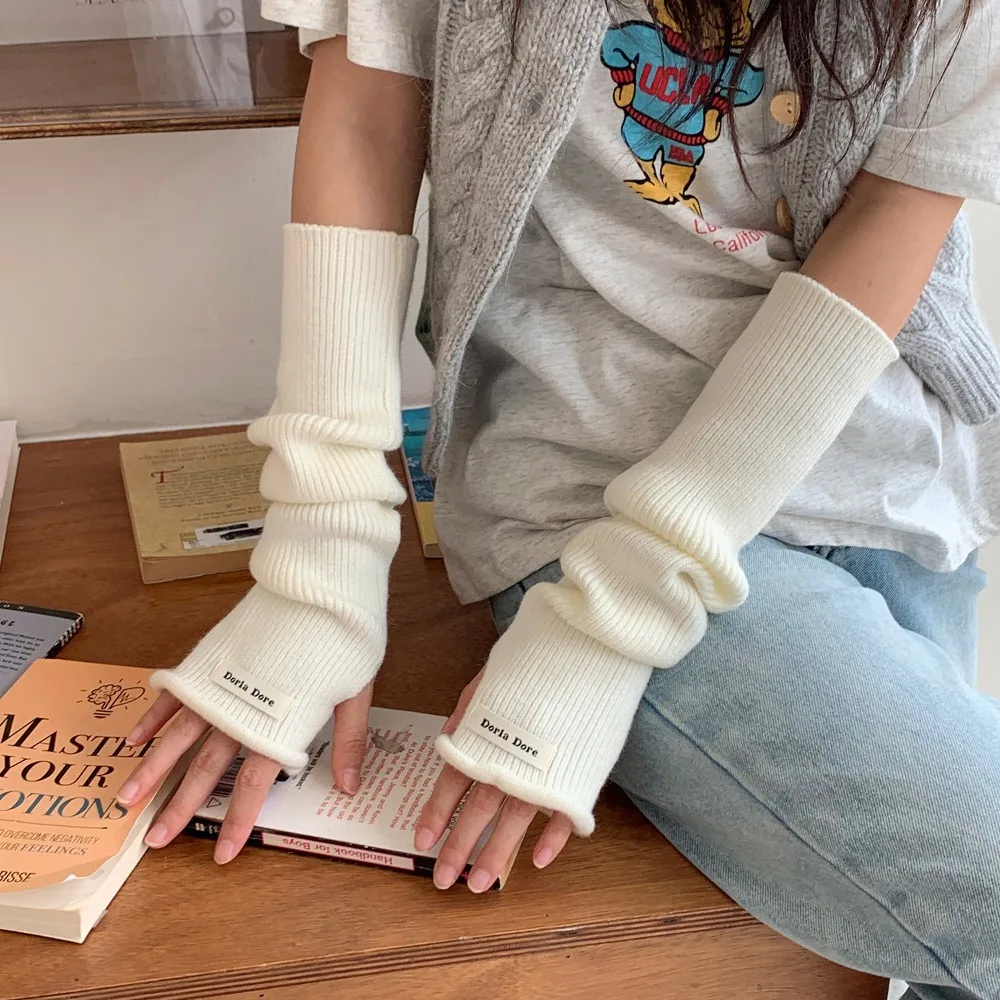 Hand Covers Korean Style Knitted Warm Sleeves Hole Solid Color Woolen Arm Gloves Sweet Elastic Long Fingerless Sleeves Cycling