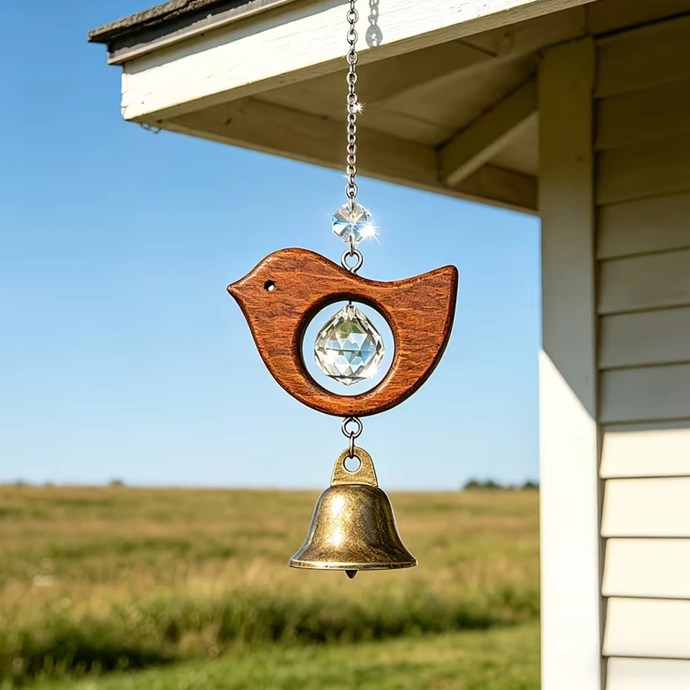 Vintage Wooden Bird Wind Chime with Crystal Prism and Metal Bell, Hanging Light Catcher, Suitable for Garden, Patio, and Window Decoration, Mother's Day/Father's Day Gift, Indoor and Outdoor Decorative Hanging Ornament, Gift Box Not Included
