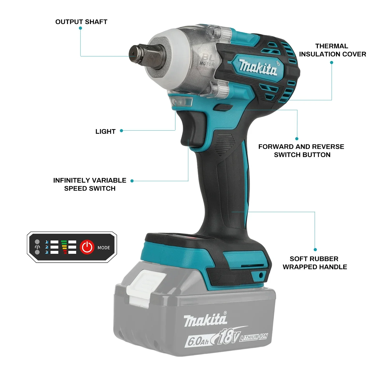 For Makita 18v Battery Pins, DTW300 Torque Spanner,330N.m Torque,0-3800RPM,High Efficiency Brushless Motor Workshop tools