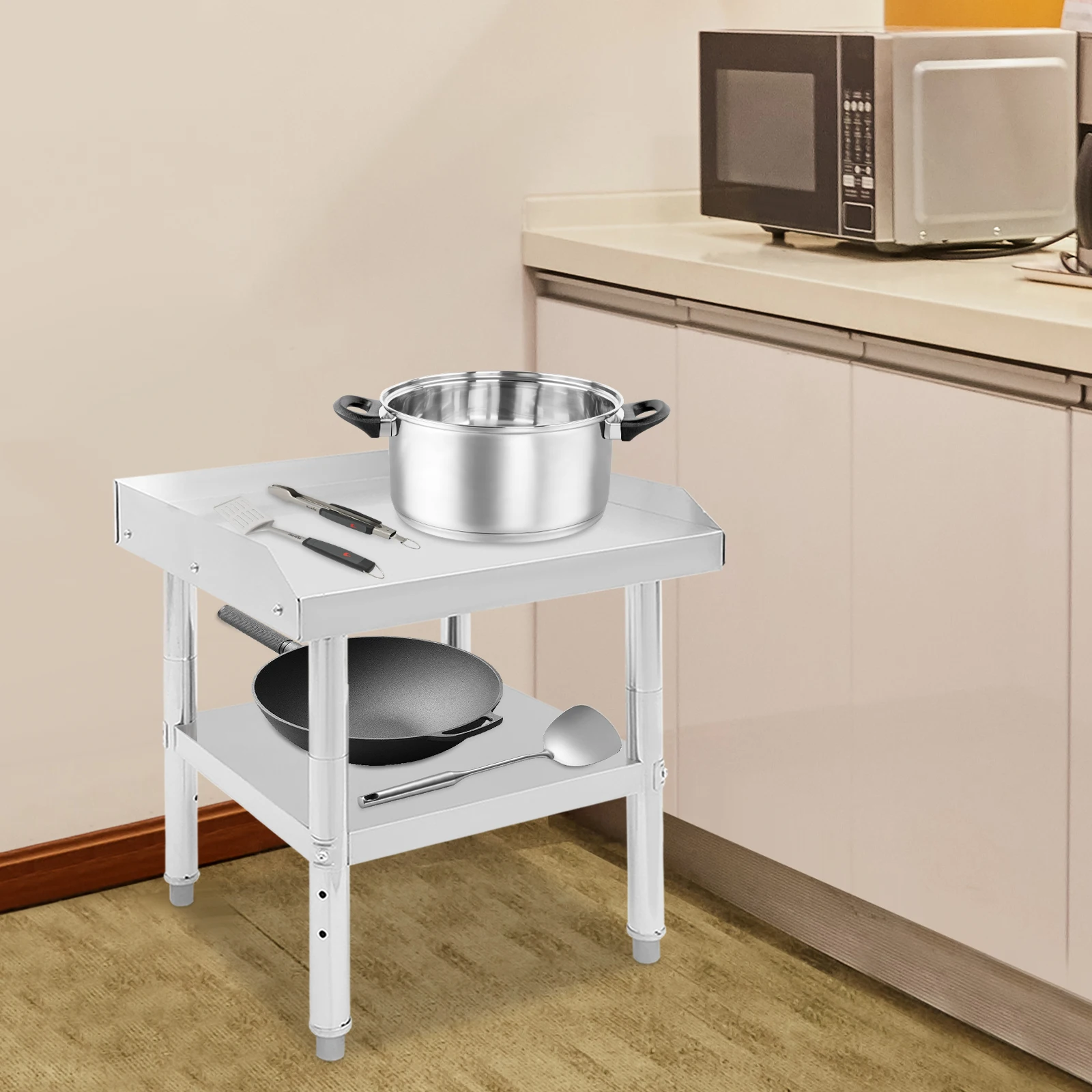 

24*24 Inch, 2-Tier Commercial Work Bench, Max Load 200 KG, Stainless Steel Work Table with Adjustable Feet for Kitchens Garages