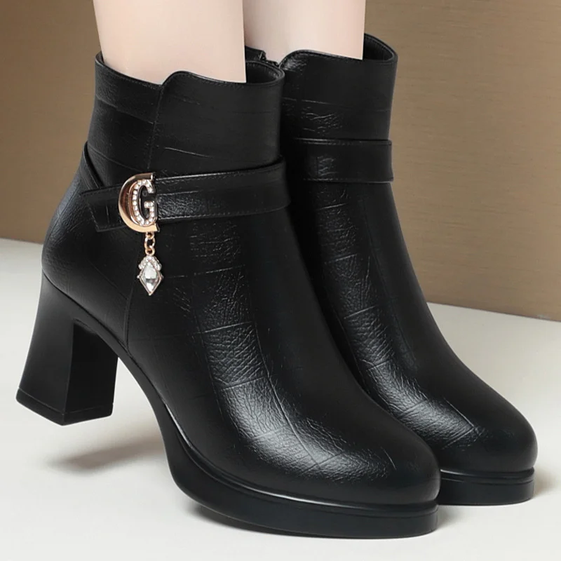 Fashion Winter Women Soft Leather Ankle Boots Thick Plush Warm Snow Short Boots Mother Non-slip High Heel Shoe