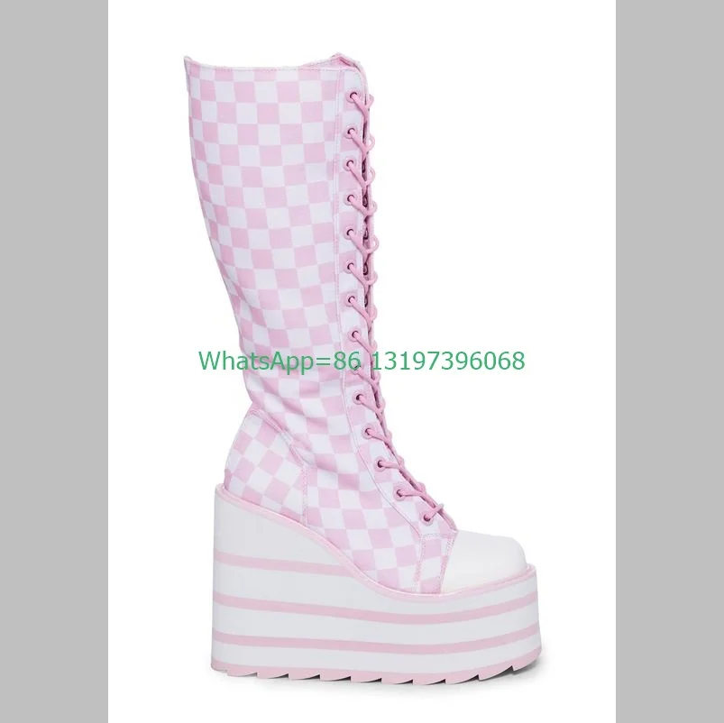 Lady Y2K pink wedges heel platform knee boots pink canvas design Mary Janes Lolita boots new arrive cowboy footwear size 33-46