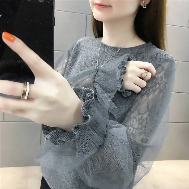 

Woman Sweaters Mesh Lace Stitching Knitwear Short Sweater Women's Top Femme Chandails Pull Hiver