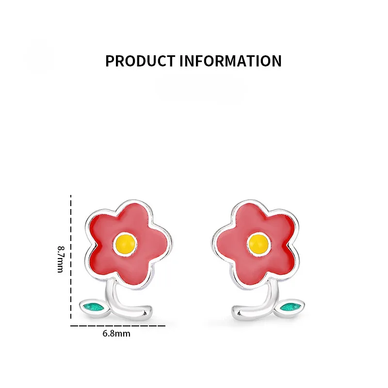 925 Sterling Silver Small Red Flower Stud Earrings for Girls Fresh Pastoral Style Forest Series Earring Ladies Piercing Jewelry