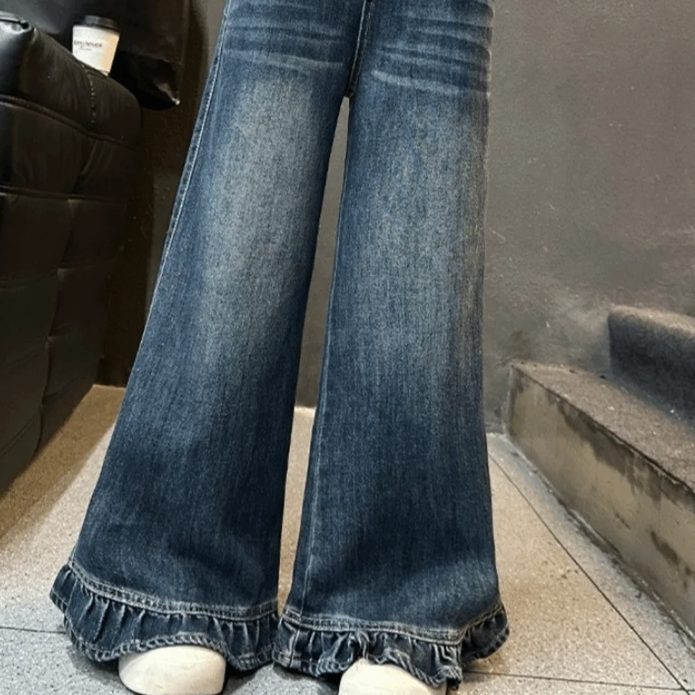 

Wide Leg Pants Teen Girl Jeans Straight High Waist Children Ruffled Jeans Long Loose Streetwear Girls Denim Trousers Girls Gift