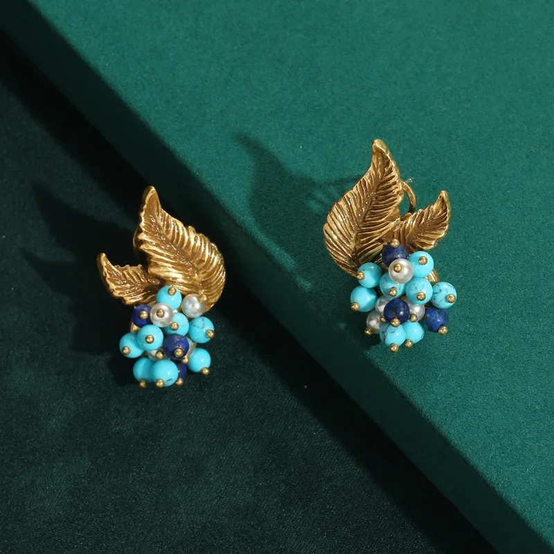 Bohemia Vintage Designer Gold Color Leaf Stud Earring Blue Rice Beads Inlaid Jewelry Gifts for Women Useful Accessoire Gothique