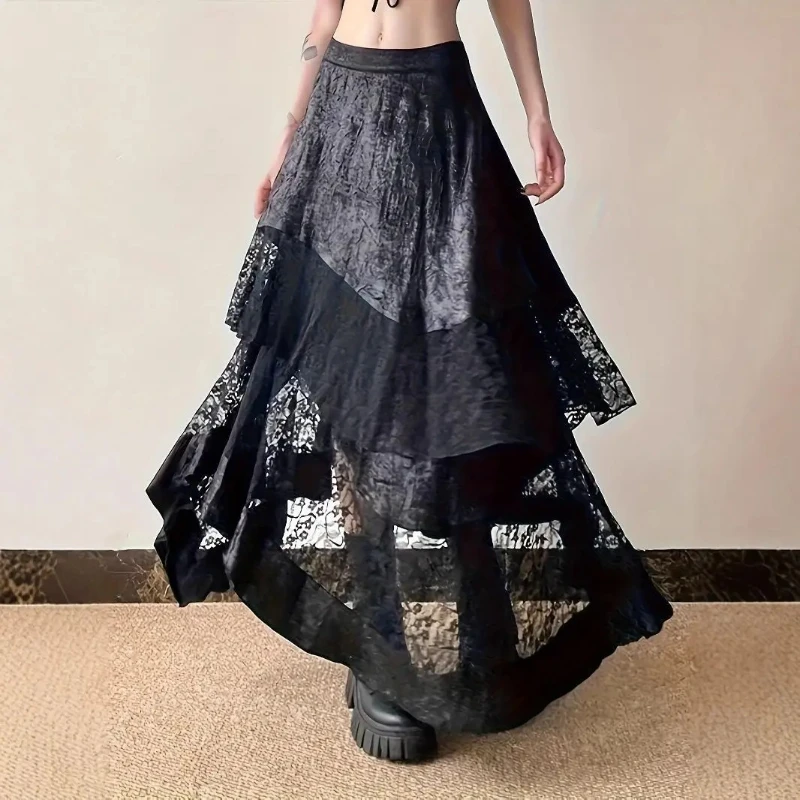 Gothic Vintage Black Midi Skirt Aesthetics Y2k Lace Irregular Skirt French Style Elegant Casual Skirt Design Chic Woman Clothes