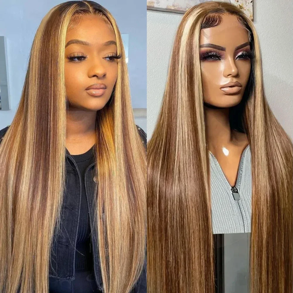 40 50 Inch P4/27 Highlight Ombre Brown Straight 13x4 13x6 HD Lace Human Hair Wig Honey Blonde Colored Pre-Plucked Wigs For Women