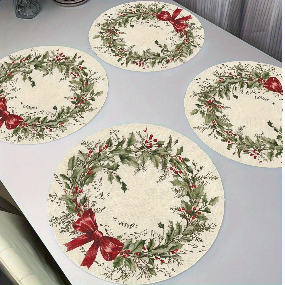 4pcs Vintage Christmas Placemats - Elegant Holiday Table Decor with Green Leaves, Red Berries & Bow Wreath - Non-Slip