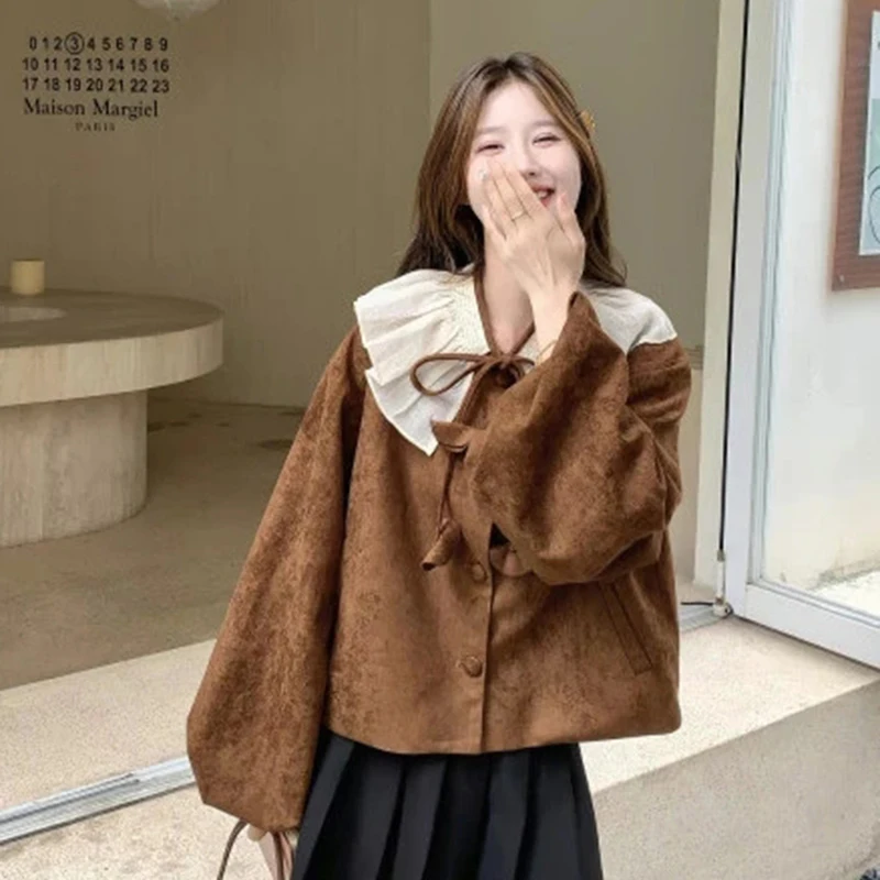 Sweet Vintage Ruffle Collar Jacket Women Balloon Sleeve Loose All Match Jacket Autumn Bow Lace Up Retro Female Outwear Tops New