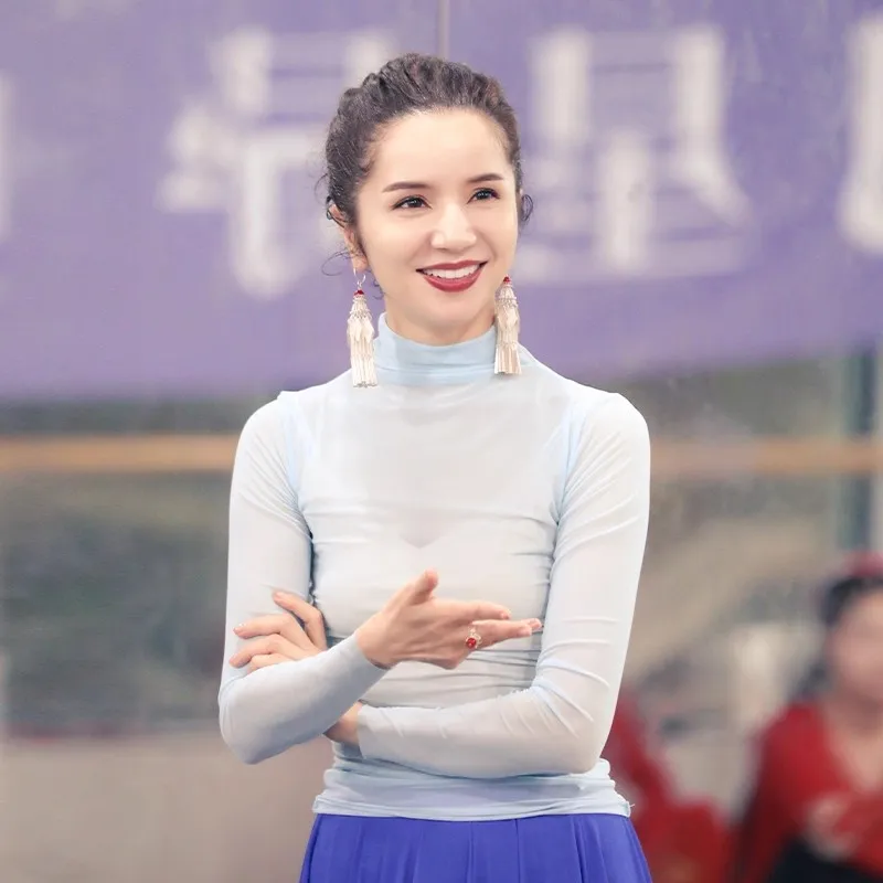 Robe d'entraînement de danse en fil de maille, col haut, manches longues, hauts de Ballet de danse classique, vêtements de danse folklorique chinoise, vêtements de scène