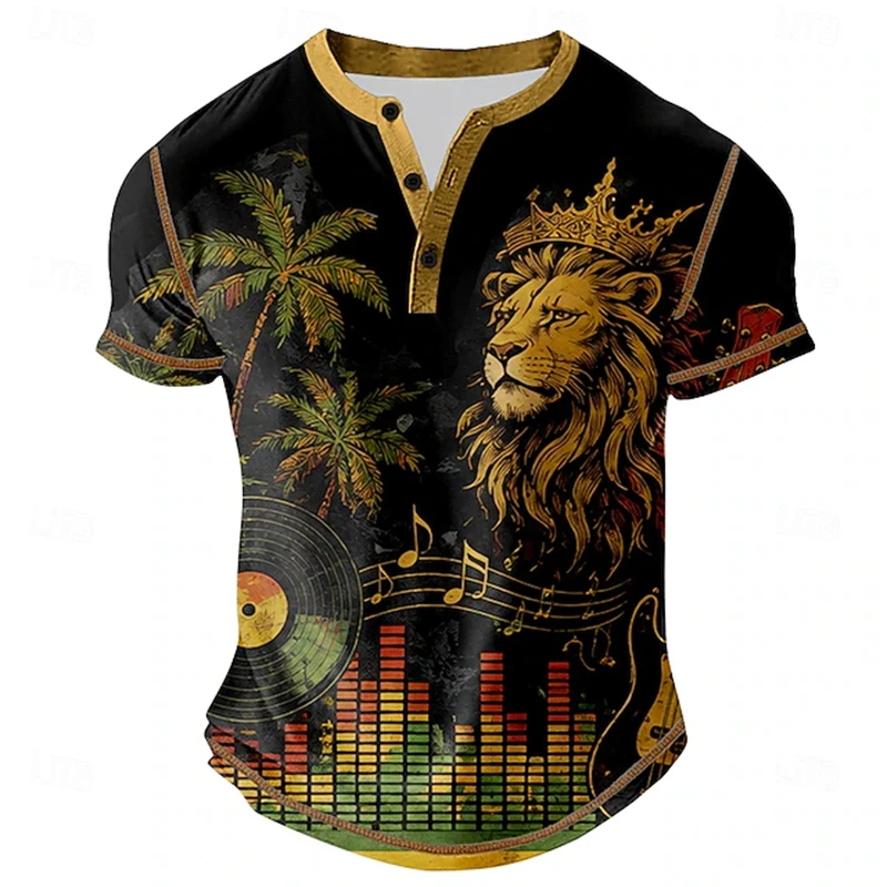 New Summer Outdoor Casual Men's T-Shirt Everyday Street-Style Men's Short-Sleeve Top Lion Print Men's Button-Down T-Shirt