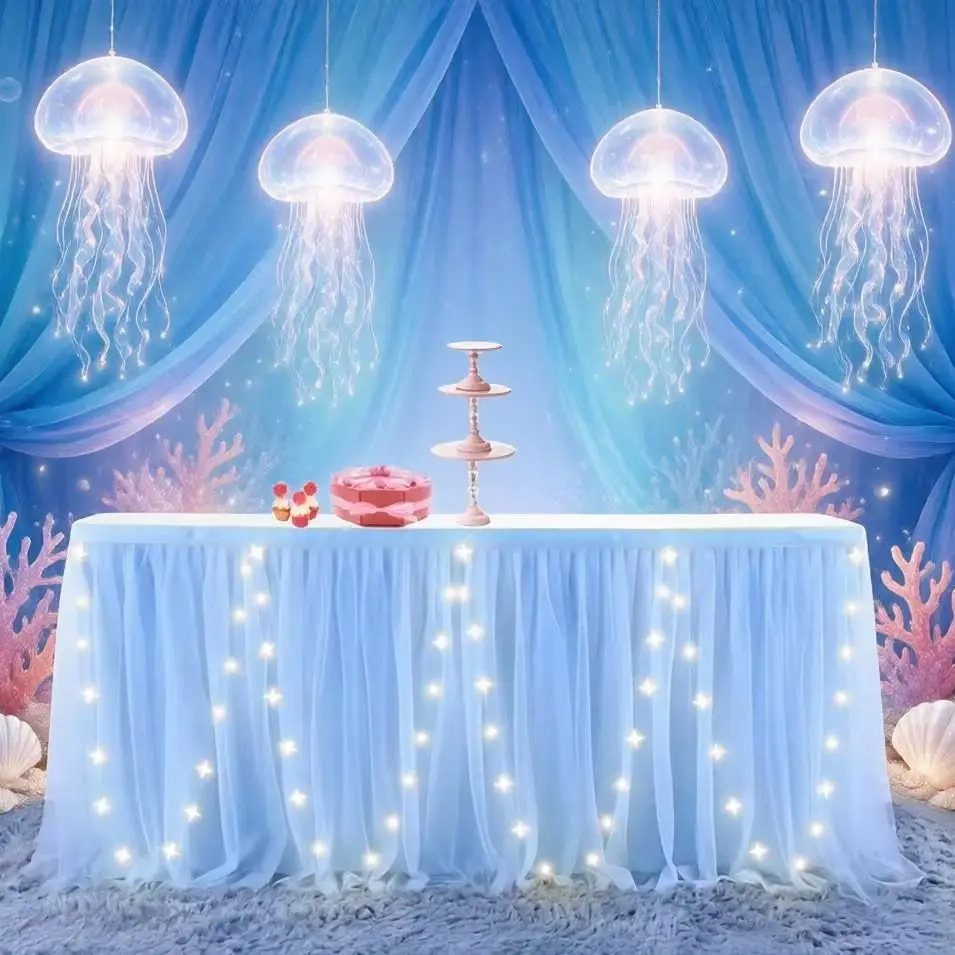 14Ft 8Ft Puffy Mesh Table Skirt Baby Shower Table Drape For Rectangular Tables Birthday Party Cake Sweet Treat Table Decors