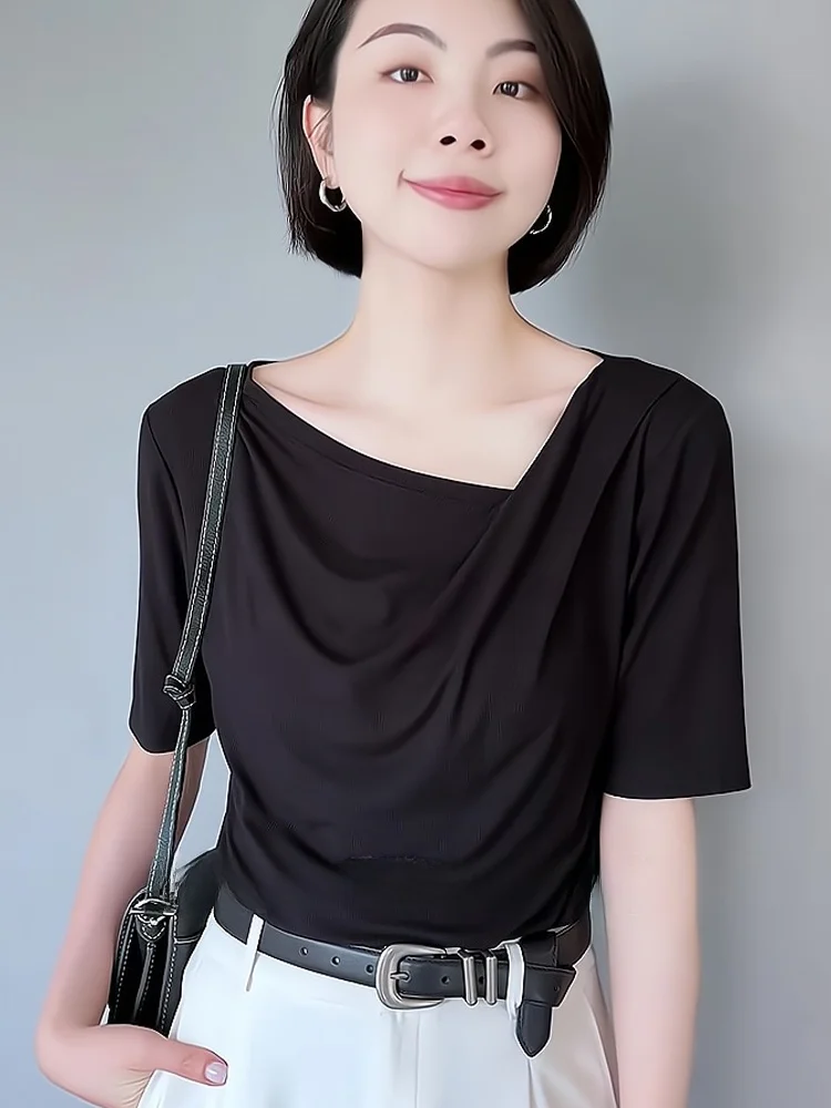 Casual Reine Farbe Plissee Bot irt ort Sve Sommer T-shirt Koreanische Sle Gerade Cut Seide frauen Premium Basis irt