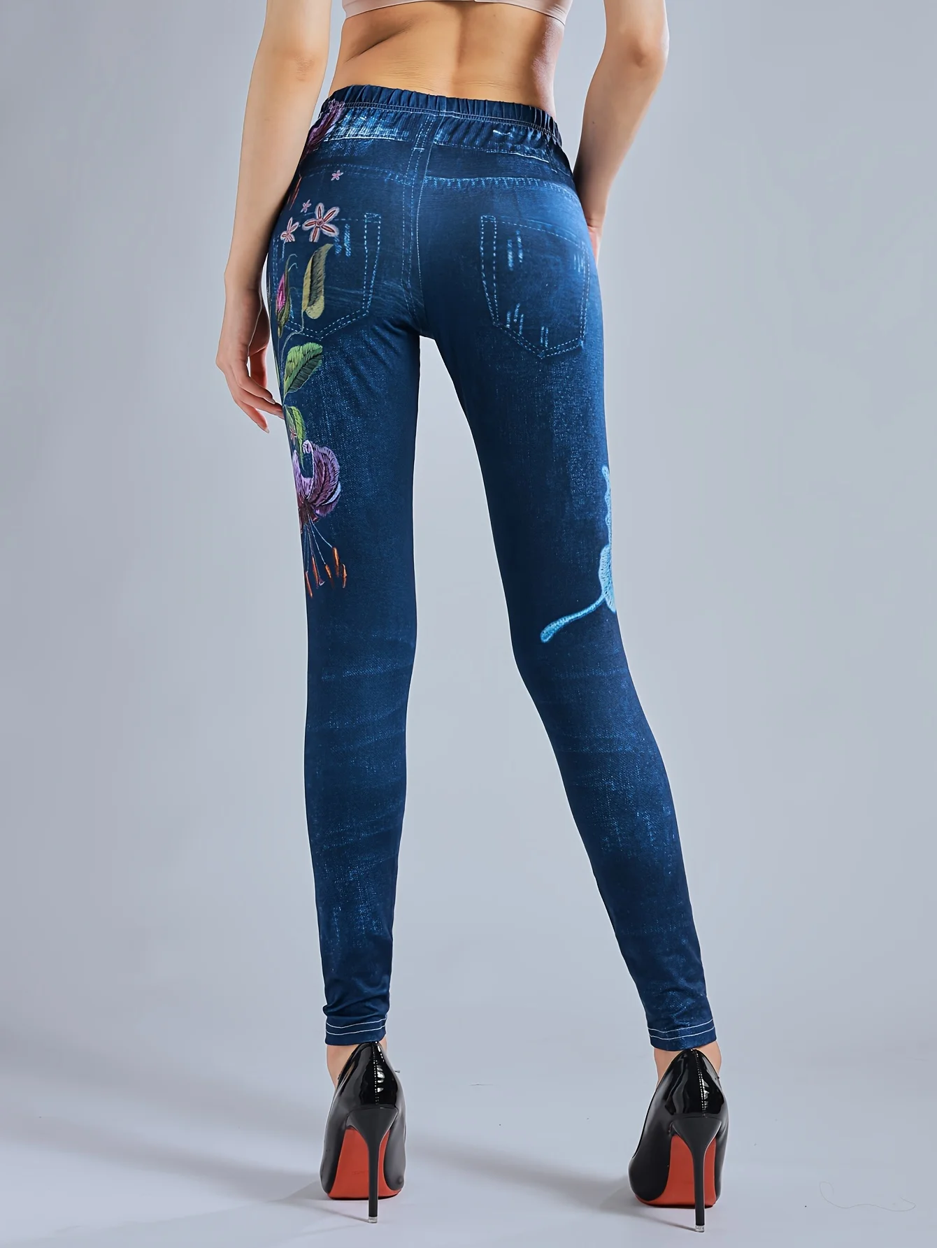 Nieuwe Stijl Denim Geïnspireerde Broek Met Bloemenprint En Slanke Pasvorm Met Hoge Elasticiteit, Casual Leggings Met Hoge Taille Voor Dames